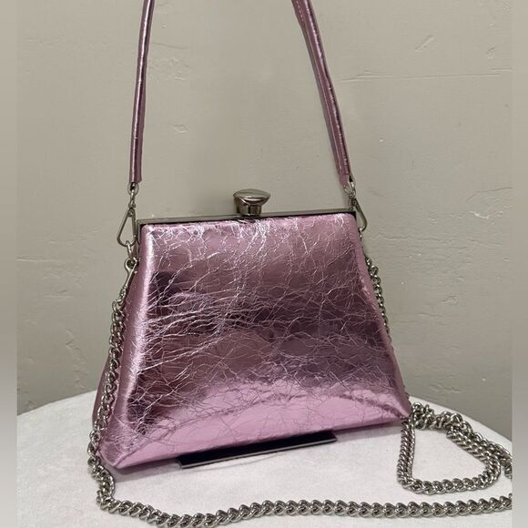 Metallic Pink Genuine Leather Handmade Push Lock Box Bag, Multi Use Style - Picture 6 of 15